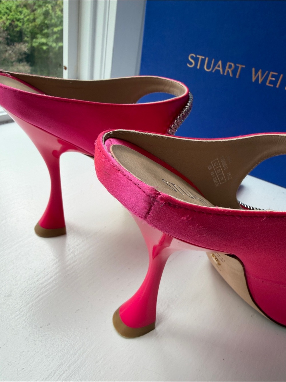 Stuart Weitzman Magenta Curve Satin Crystal-Trim Pointed-Toe Heels - Picture 10 of 13